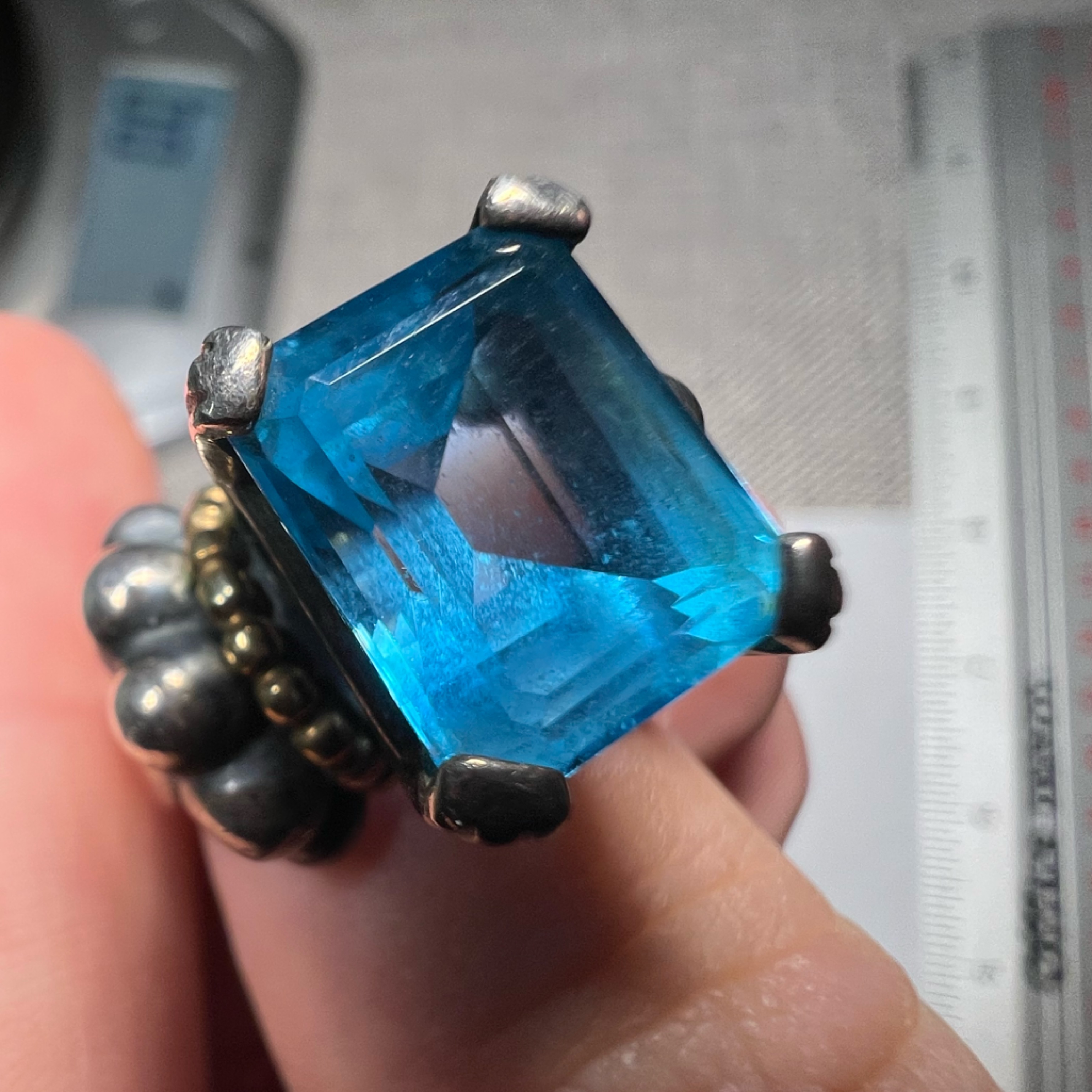 Vintage Lagos Caviar 18k Yellow Gold And 925 Sterling Silver Ring W/ Blue Stone